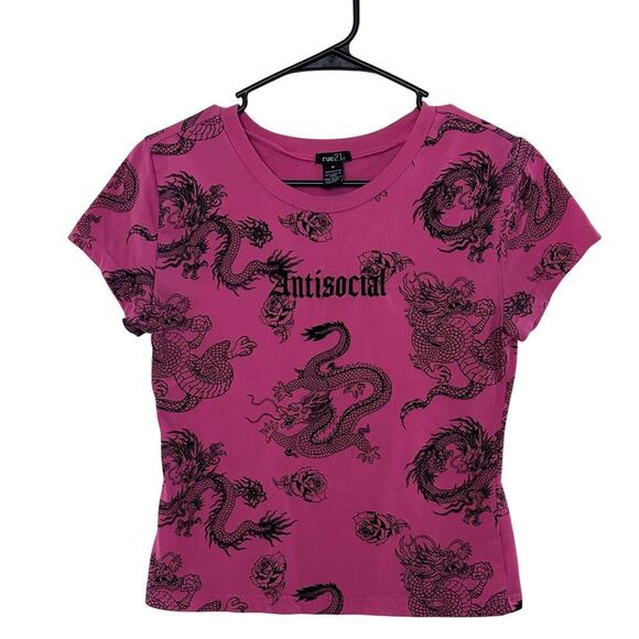Rue21 Y2K Antisocial Rose Dragon Print Top Short Sleeve Crewneck Pink Black SZ M - Picture 7 of 9